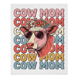 Póster Óculos de Sol Retrô Cow Mom Desenho de Gravura Vin