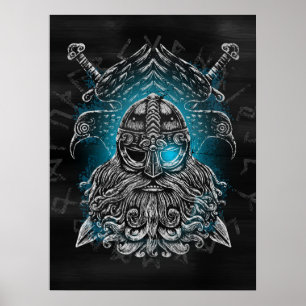 Poster Odin com corvos e espadas Mitologia Viking azul