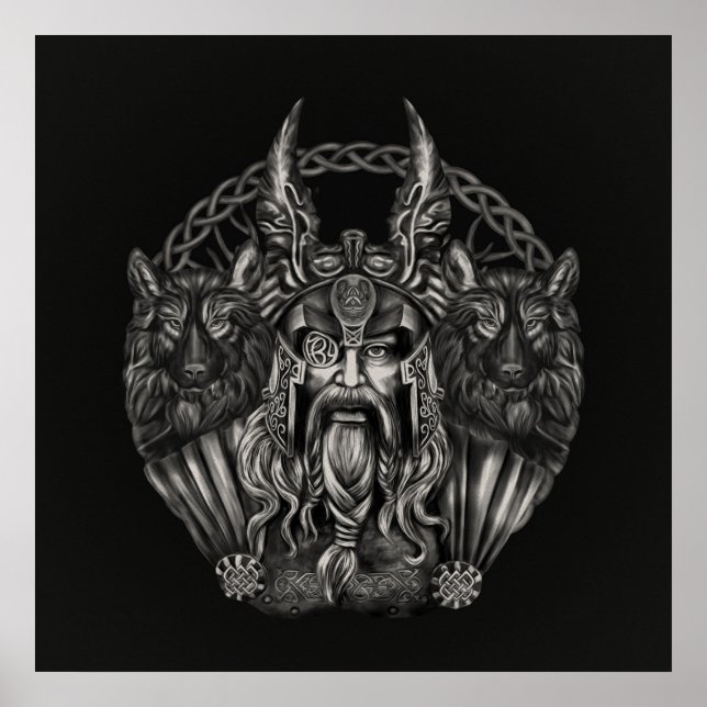 Poster Odin e seus lobos Geri e Freki (Frente)