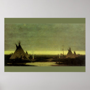 Póster Oeste Vintage, Acampamento Indígena ao Amanhecer p