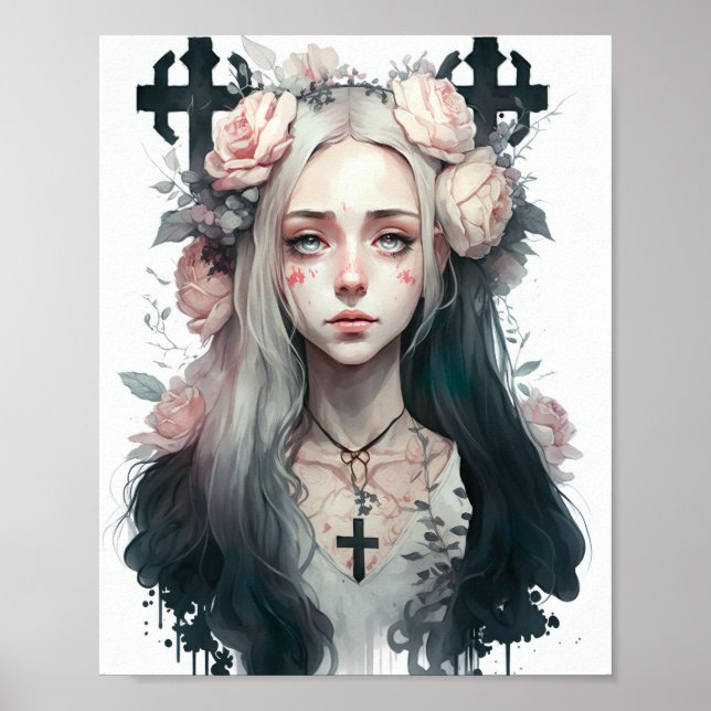 Poster of a Creepy Girl - Gothic Flowers (Frente)