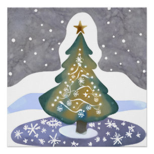 Póster Oh Árvore de Natal Pintura de Inverno em Aquarel