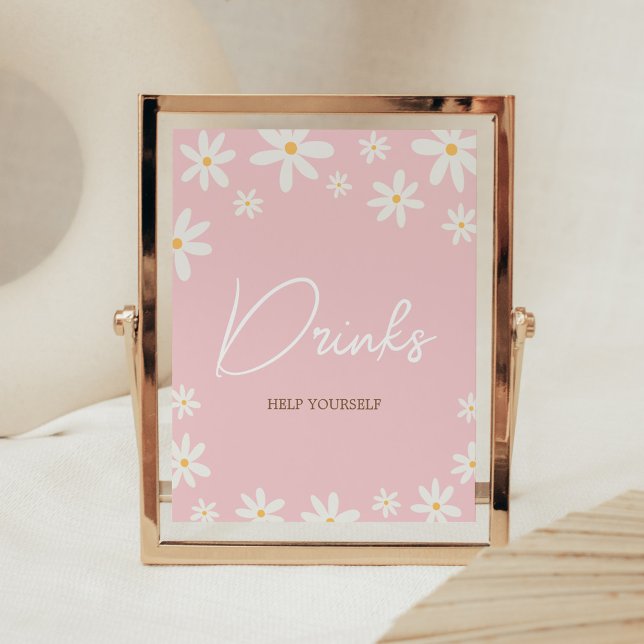Poster Oh Baby Boho Daisy Chás de fraldas Bebidas (Retro Daisy Flowers Baby Shower Drinks Sign)