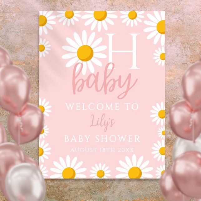 Poster Oh Baby Daisy Pink Chá de fraldas Sinal de Boas-vi (Oh Baby Daisy Pink Baby Shower Welcome Sign)