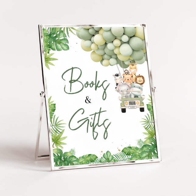 Poster Oh Boy Jungle Safari Chá de fraldas Livros e prese (Safari Truck Balloons Baby Shower Books and Gifts Sign)