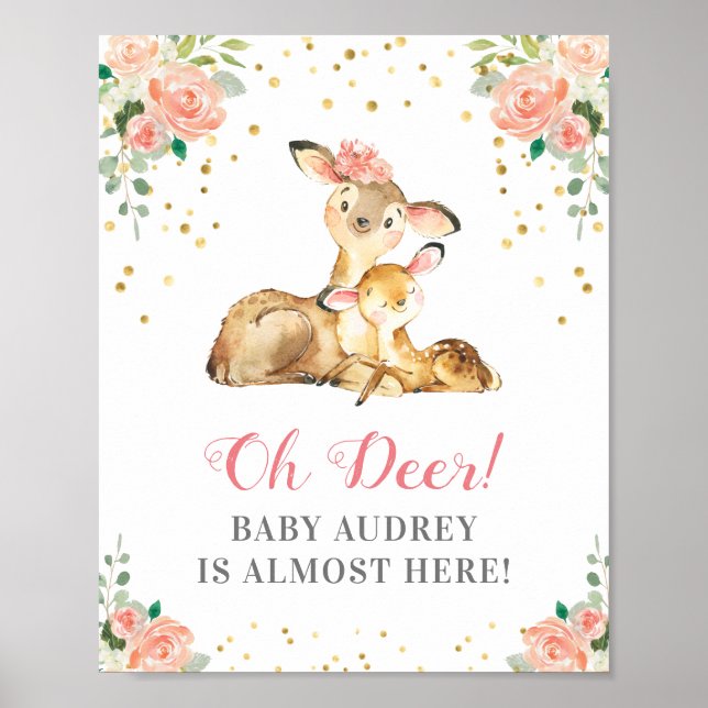 Poster Oh Deer Woodland Baby Girl Chá Peach Floral (Frente)
