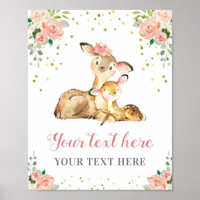 Poster Oh Deer Woodland Baby Girl Shower Personalizado Pê (Frente)