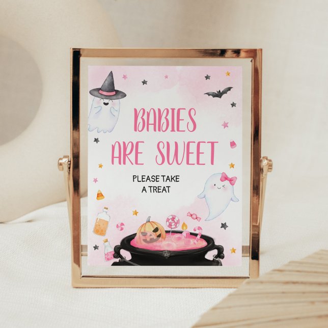 Poster Oh Folha Ghoul Bebês de Halloween são doces (Pink Oh Sheet Baby Shower Babies are Sweet Sign)