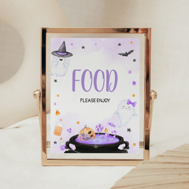 Poster Oh Sheet Boo-y Chá de fraldas de Halloween (Purple Oh Sheet Boo-y Ghoul Baby Shower Food Sign)