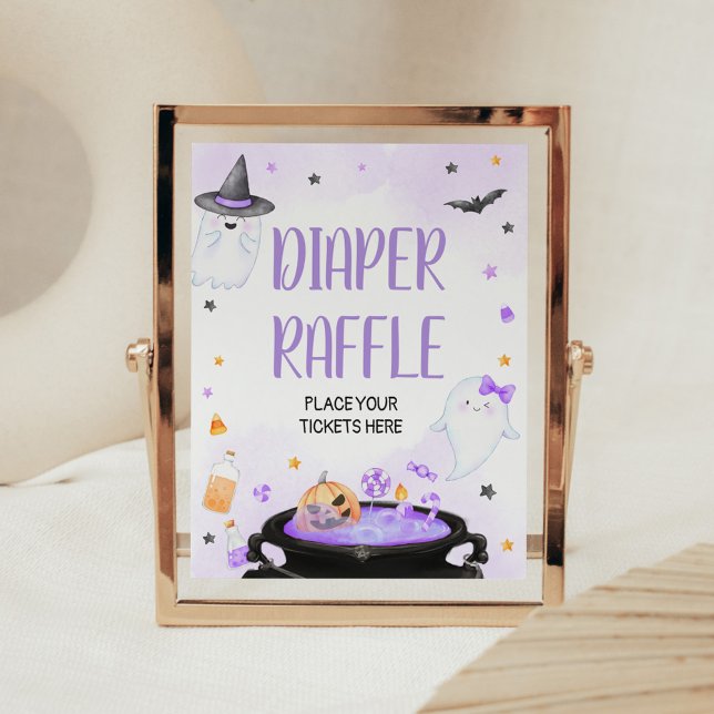 Poster Oh Sheet Boo y Chá de fraldas de Halloween Raffle (Purple Oh Sheet Boo-y Ghoul Baby Shower Diaper Raffle Sign)