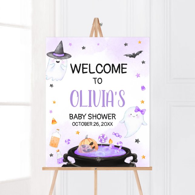 Poster Oh Sheet Boo y Halloween Chá de fraldas bem-vindo (Purple Oh Sheet Boo-y Ghoul Baby Shower Welcome Sign)
