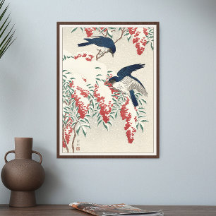 Poster Ohara Koson Flycatchers em Nandina Bush Bird Japão