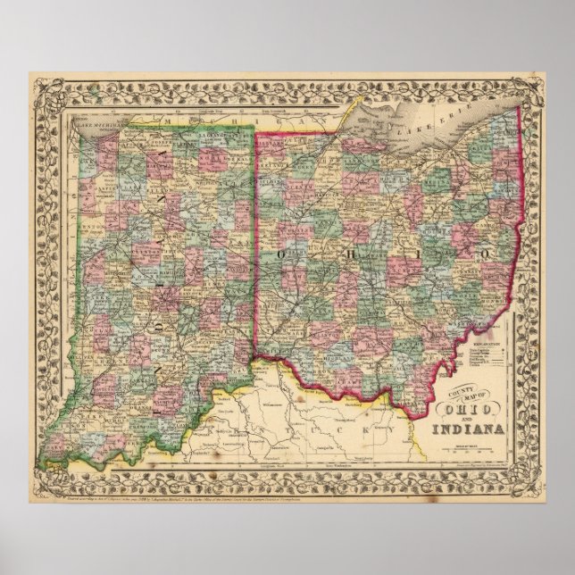 Póster Ohio, Mapa de Indiana por Mitchell (Frente)
