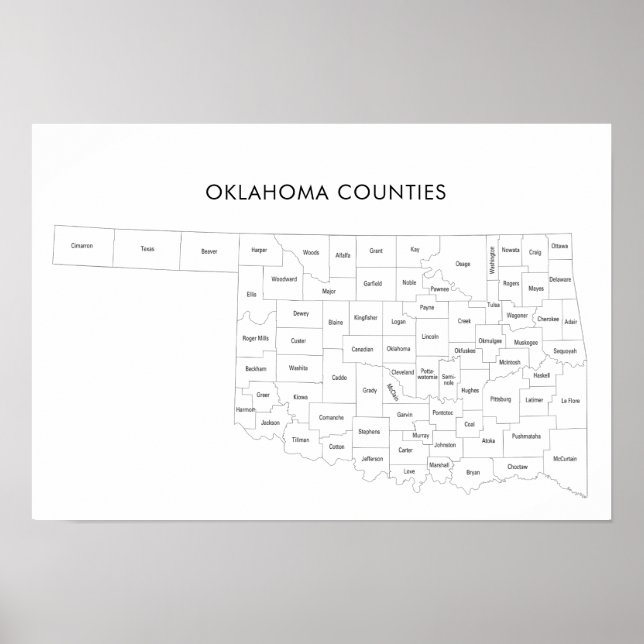 Poster Oklahoma Counties mapeiam com nomes de condados (Frente)