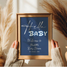 Poster Olá Bebê Elegante Chá de fraldas Azul Escuro Bem-v