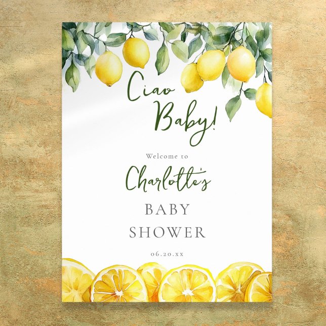 Poster Olá Bebê Limão Citrino Bebe Saudável Sinal de Boas (Ciao Baby Lemon Citrus Baby Shower Welcome Sign)