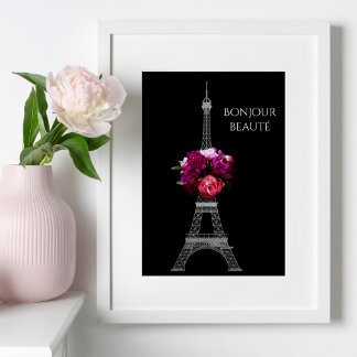 Póster Olá Belas Peônias Dramáticas Com Torre Eiffel