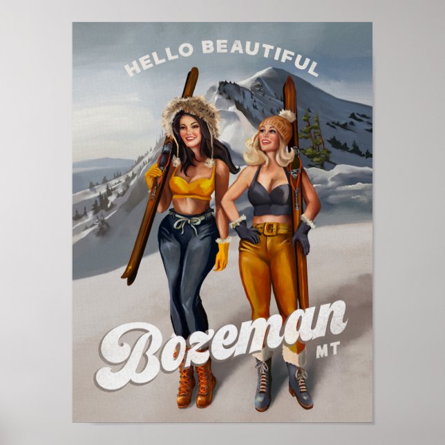Poster "Olá, Belo Bozeman" Retro Pinup Arte Esqui (Frente)
