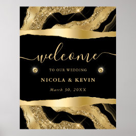 Poster Olá de casamento em folha preta e ágata com brilho