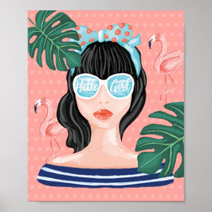 Poster Olá Garota Praia Bela Retro Tropical Flamingo