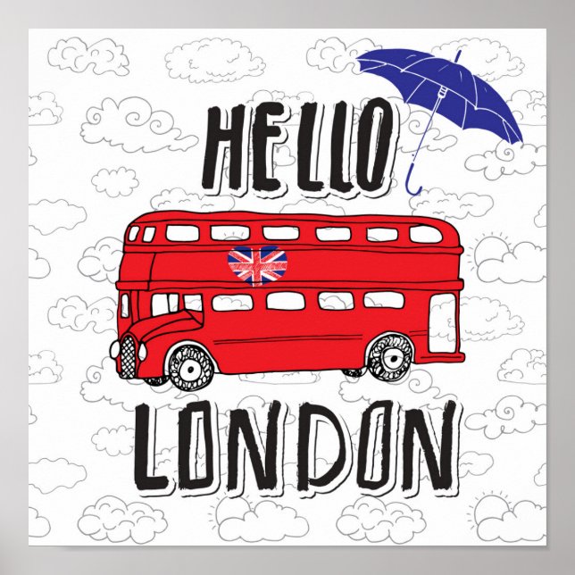 Póster Olá Londres | Sinal Mão Com Guarda-Chuva (Frente)
