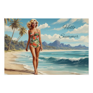 Póster Olá, Retro-Lady Walking na Praia