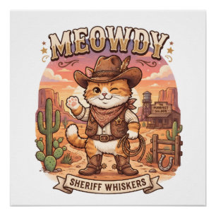 Póster Olá Xerife Bigodes Gatinho Fofo Caubói Ocidental