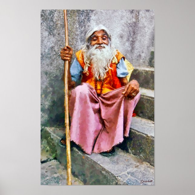 Poster Old Indian Man With Staff (Frente)