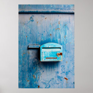 Poster Old mail box on doorantique, background, blue, box