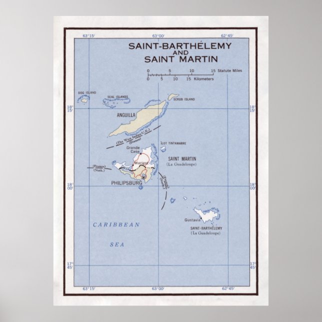 Poster Old St Martin, Anguilla & St Barts Island Map  (Frente)