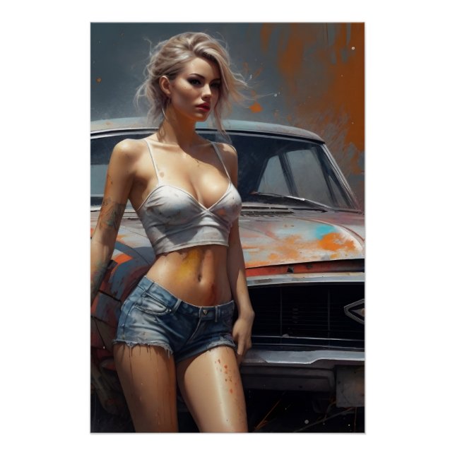 Póster oldtimer pinup nostalgie kunstwerk blond frau (Frente)