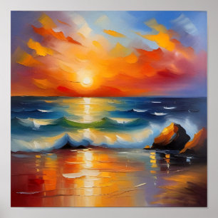 Poster Óleo Pintura do pôr do sol laranja sobre o oceano