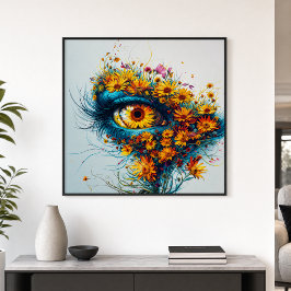 Póster Olho Surreal da Mãe Natureza Amarelo Verde Flores 