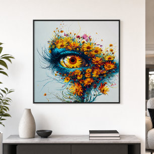 Póster Olho Surreal da Mãe Natureza Amarelo Verde Flores 