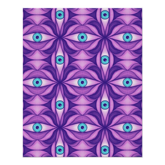 Póster Olhos Azuis Quirky No Padrão Roxo Místico (Frente)