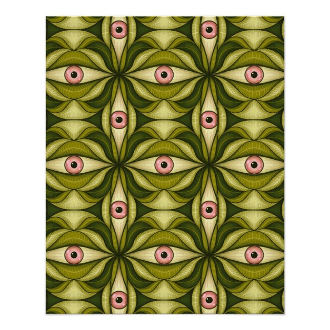 Póster Olhos Cor-De-Rosa E Padrão Botânico Verde (Frente)