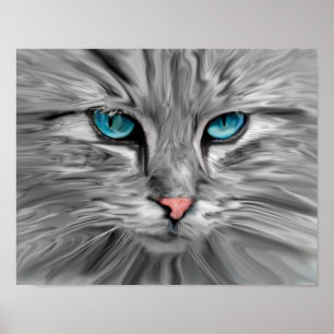 Póster Olhos de Gato Fofo Rosto Pintura a Óleo em Aquarel