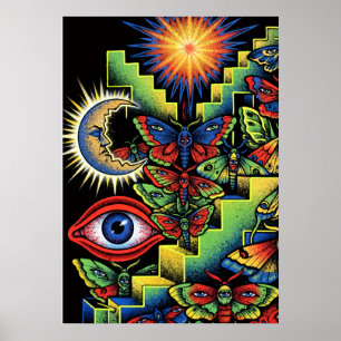Poster Olhos de Mariposas Psicodélicas Sol Lua Arte Surre