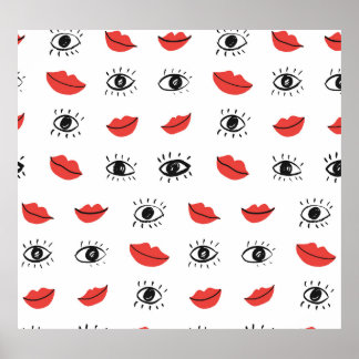 Poster Olhos desenhados à mão, lábios, padrão de tendênci