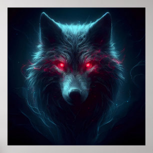 Poster Olhos vermelhos luminosos do lobo negro e pêlos br