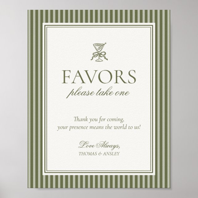 Poster Olive Martini Green Striped Wedding Favors Sign (Frente)