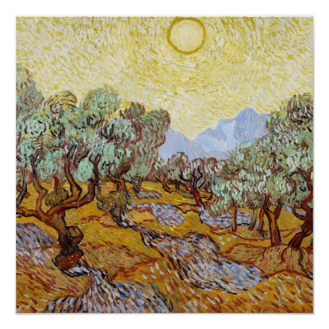 Póster Oliveiras com céu amarelo e sol  (Frente)