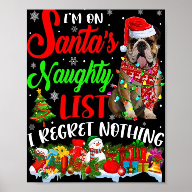 Poster On Santas Naughty List Xmas English Bulldog T Shir (Frente)