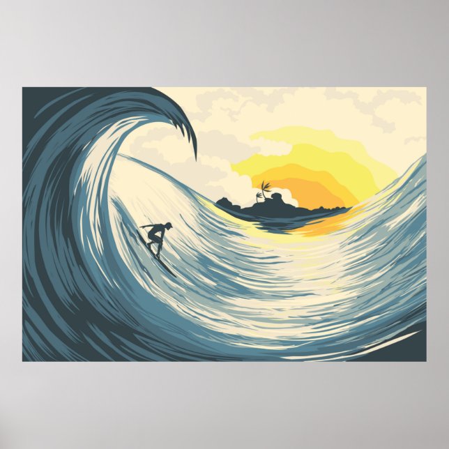 Poster Onda e surfe tropicais no pôr do sol (Frente)