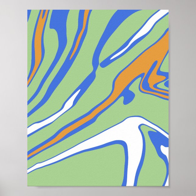 Poster Ondas Abstratas em Verde, Azul, Laranja e Branco (Frente)