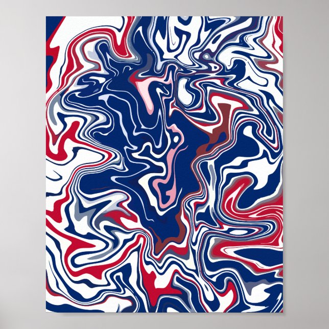 Poster Ondas abstrato com vermelho, azul e branco (Frente)
