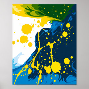 Poster Ondas Azuis Fluindo com Salpicos de Tinta Amarela