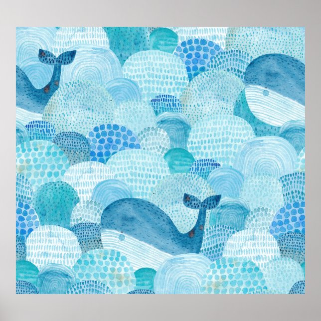 Poster Ondas, baleia, textura azul infantil (Frente)