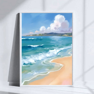Poster Ondas de Aquarela do Oceano Pintura Costeira Azul