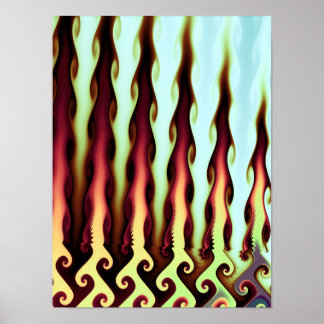 Poster Ondas de Chama Fractal Abstrato Carmesim Dourado